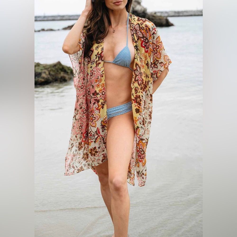 Women's Floral Open Front Kimono Yellow